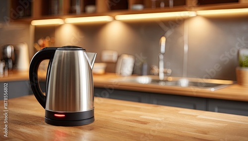 Stainless steel electric kettle with red indicator light on a wooden countertop