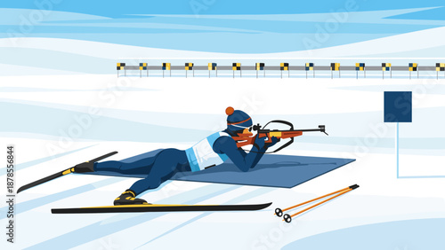 Focused biathlon athlete targeting precision shooting in the snow for promoting winter sports and athletic competitions