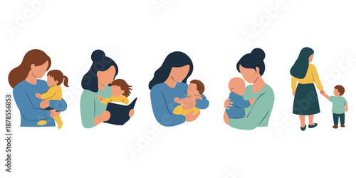 Flat design mothers with children in various activities