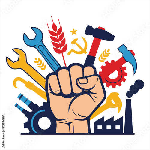 Fist with industrial tools and symbols of labor power