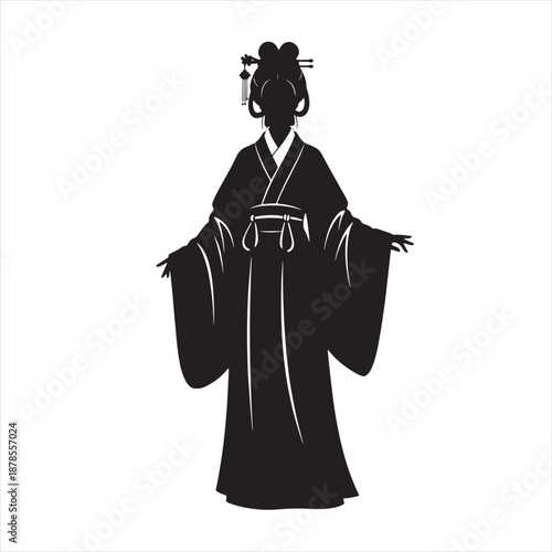 Silhouette of a Traditional Japanese Geisha or Maiko wearing a Classic Kimono and Kanzashi Hair Ornaments; Elegant Asian Woman in Oriental Dress Isolated on White Background for Cultural Design