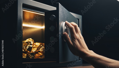 Hand opens strongbox revealing golden bullion in darkened setting securing wealth