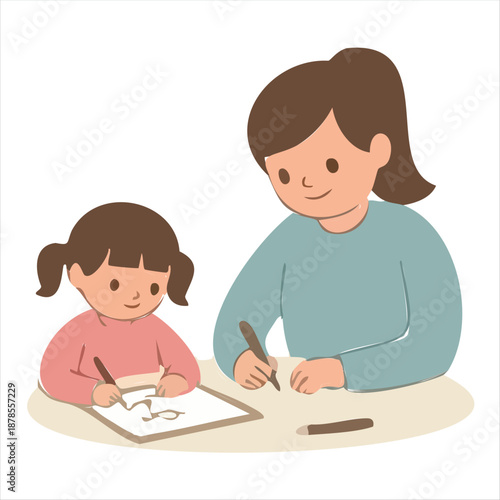 Mother and daughter drawing together Keywords: mother, daughter, drawing, art, creativity