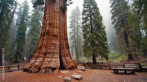 Giant Sequoia Tree Base with Root System and Wooden Railing in a California Redwood Forest Landscape.