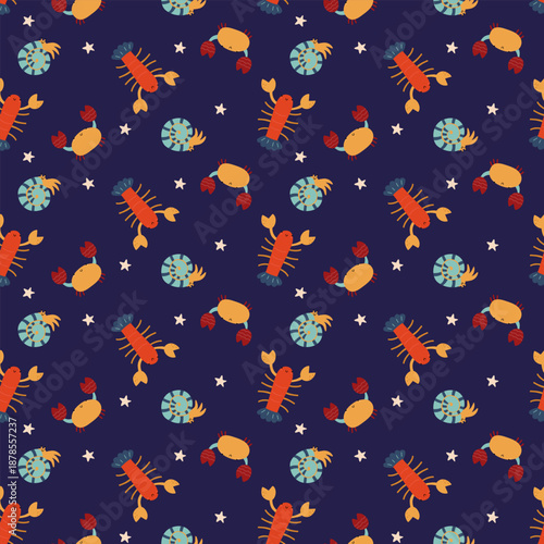 Nice seamless pattern with cartoon crabs, lobsters and stars