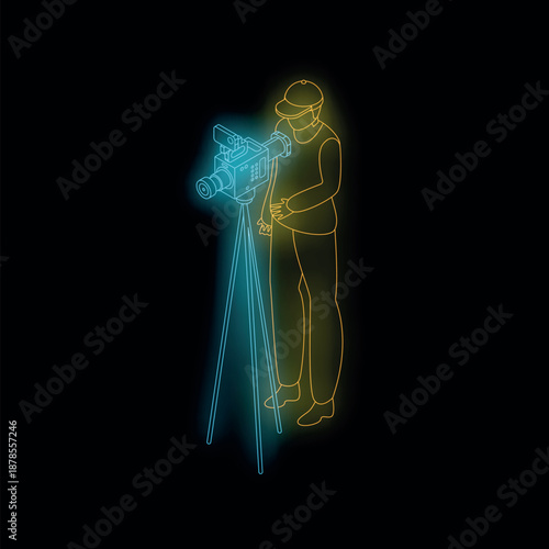 Videographer using professional digital movie camera on tripod, neon style illustration