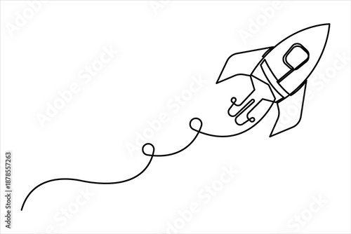 One continuous line art drawing of spacecraft. Rocket space ship launch vector illustration