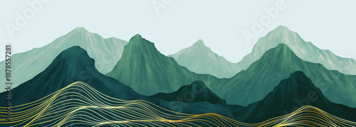 Mountain landscape watercolor painting illustration with line art texture. Abstract contemporary aesthetic backgrounds landscapes. mountains, hills, sun and skyline