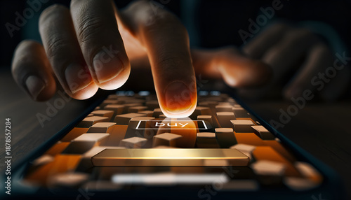 Finger presses buy button onscreen mobile device purchase transaction displayed online