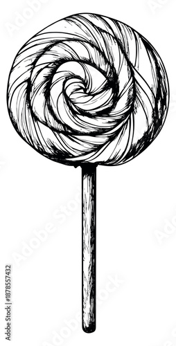 Hand drawn line art illustration of a lollipop depicting a classic swirl pattern for sweet treats
