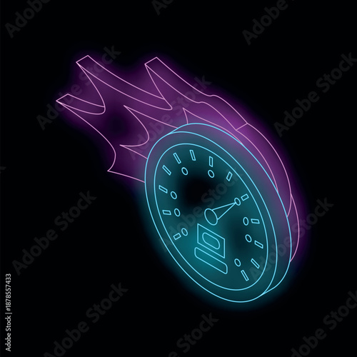 Speedometer with flames showing high speed performance in neon style