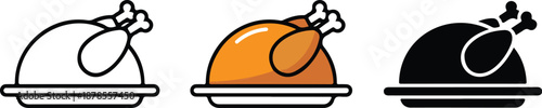 Baked Bird on Platter Outline Icon Set Simple Food Vector Illustration