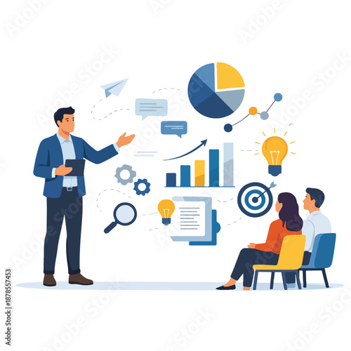 Professional Speaker Illustration - Business Leader Giving Corporate Presentation, Public Speaking Seminar with Data Analysis, Strategic Management Workshop
