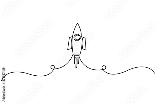 One continuous line art drawing of spacecraft. Rocket space ship launch vector illustration