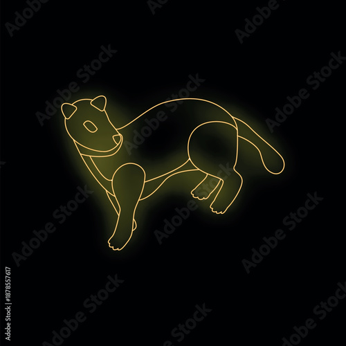 Stylized illustration of a ferret running, drawn with a continuous yellow neon light on dark background