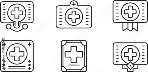 A collection of medical icons with crosses on a white background