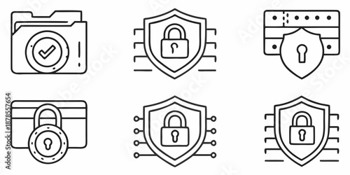 A collection of security icons featuring locks and shields on a white background