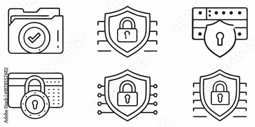 A collection of security icons featuring locks and shields on a white background