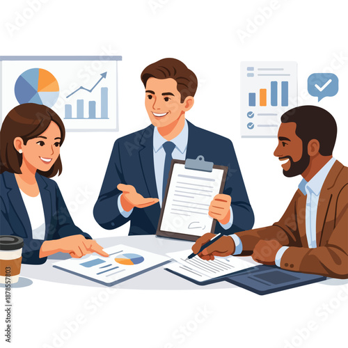 Business Deal Discussion - Professional Partnership Negotiation Illustration featuring Executive Team Collaboration, Corporate Contract Agreement, Strategic Investment Meeting