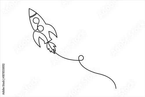 One continuous line art drawing of spacecraft. Rocket space ship launch vector illustration