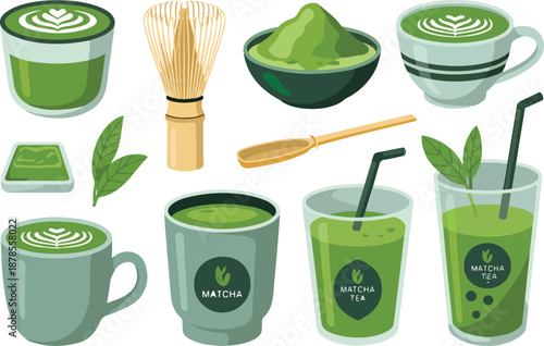 Matcha Tea Clipart Set – Latte Cups, Whisk, Powder, and Café Elements Vector