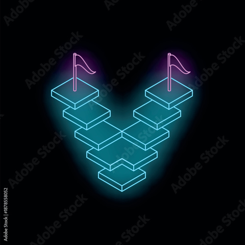 Two pink flags are waving on top of two sets of light blue neon isometric stairs converging to a common base on a dark background