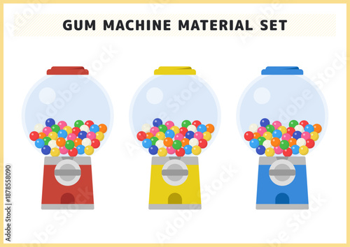 レトロなキャンディマシン カラフルなガムボールマシンのイラストセット 子供向けイベントや販促用ベクター素材