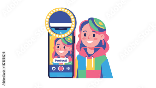Cartoon Woman Taking Selfie with Ring Light