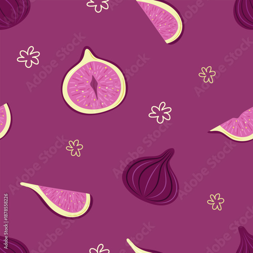 Seamless pattern with large figs on raspberry background. Stylized whole fruit and slices. Simple flat vector illustration