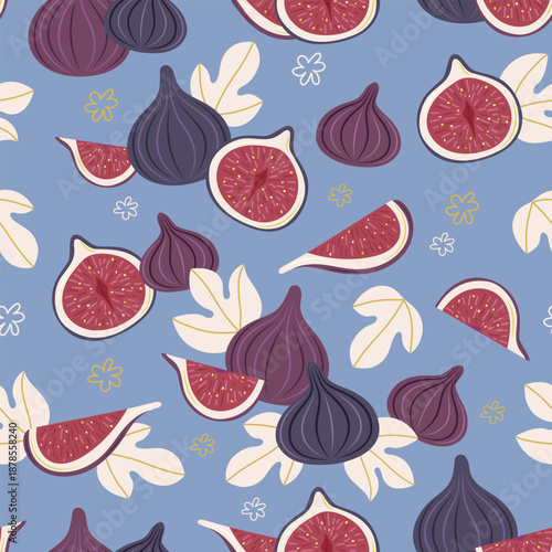 Seamless pattern with figs on blue background. Stylized whole fruit and slices. Simple flat vector illustration