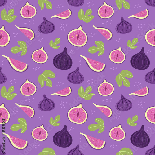 Seamless pattern with figs on purple background. Stylized whole fruit and slices. Simple flat vector illustration