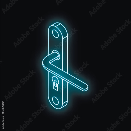 Neon blue isometric door handle glowing on a black background, representing security and access