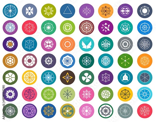 Array of varied symmetrical designs inside colorful circles, creating a vibrant visual pattern