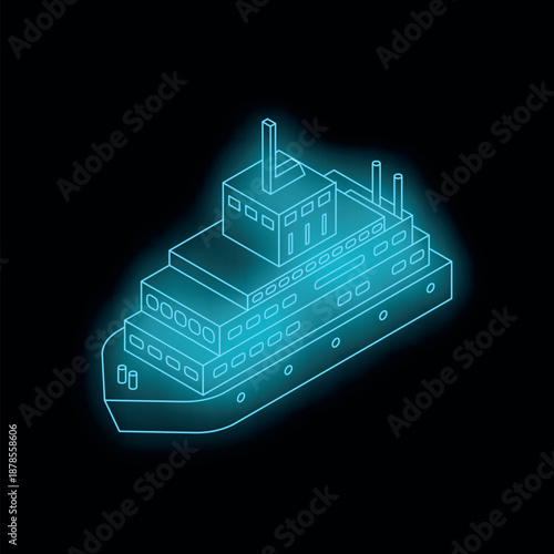 Neon blue isometric industrial ship sailing in a dark digital sea, representing futuristic maritime industry and innovation