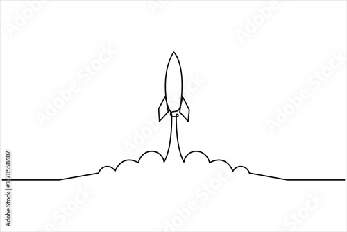 One continuous line art drawing of spacecraft. Rocket space ship launch vector illustration