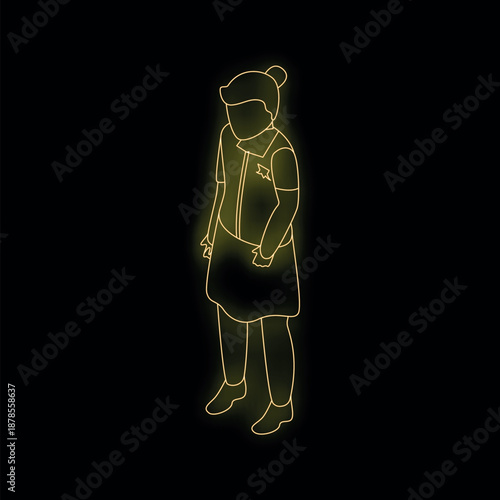 Neon yellow glowing outline of flight attendant standing on black background