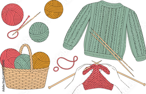 A hand-drawn illustration of knitting and yarn supplies arranged on a white background.