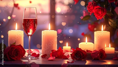 Romantic still life with roses, candles, a champagne flute, and soft bokeh background
