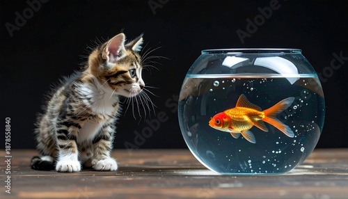 Kitten gazes at a bright goldfish swimming in a clear bowl against a dark background