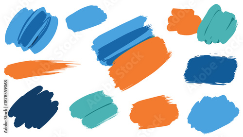 Vibrant Brush Strokes in Blue and Orange Hues on White Background.