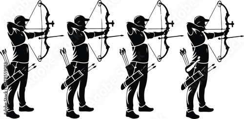 A black and white silhouette illustration of four archers in a horizontal line, each drawing back their compound bows in a shooting stance.