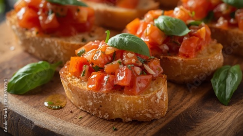 A close-up of freshly made Bruschetta al Pomodoro, crispy toasted bread topped with diced tomatoes, basil, garlic, and a drizzle of olive oil, served on a rustic wooden board