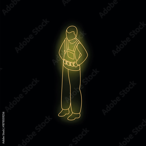 Neon yellow isometric silhouette of a construction worker standing with hands on hips, isolated on black background