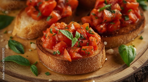 A close-up of freshly made Bruschetta al Pomodoro, crispy toasted bread topped with diced tomatoes, basil, garlic, and a drizzle of olive oil, served on a rustic wooden board