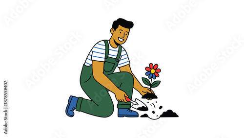 Gardener Planting Flower Illustration