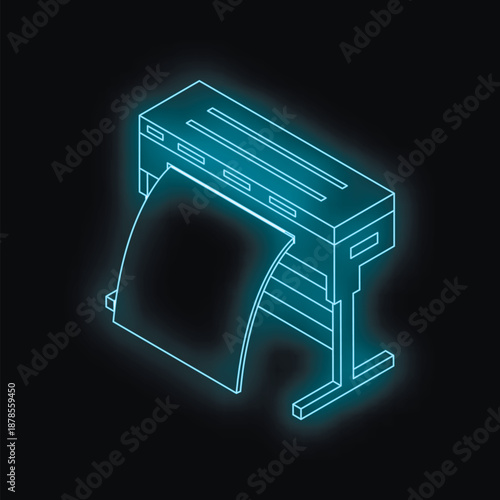 Large format printer printing blue lines on black background, isometric view