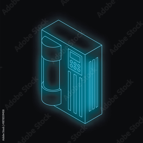 Isometric glowing neon water purifier, filtration system, or water cooler on black background