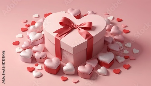 Beautiful pink heart shaped gift box with ribbon surrounded by hearts