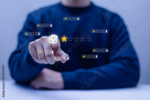 Fotografía Businessman selecting five star rating with digital feedback interface, customer satisfaction concept, online review system, service evaluation, and quality assurance for modern business growth