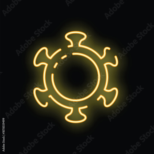 Neon sign representing a coronavirus cell, a potentially dangerous virus strain, glowing yellow on a black background